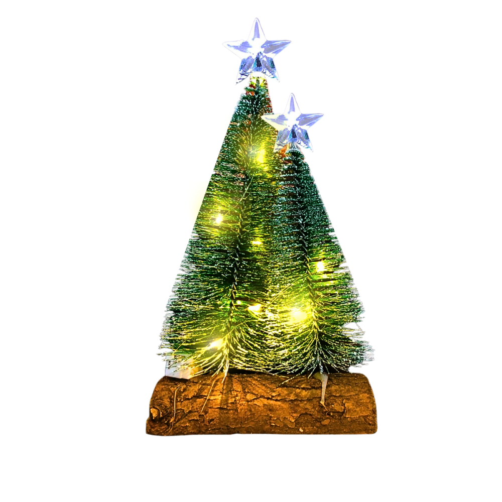 Mini Árvore de Natal Dupla Cedro Brilhante LED Amarelo Base Madeira Altomex ZSS-079 Mini Árvore de Natal Dupla Cedro Brilhante LED Amarelo Base Madeira Altomex ZSS-079